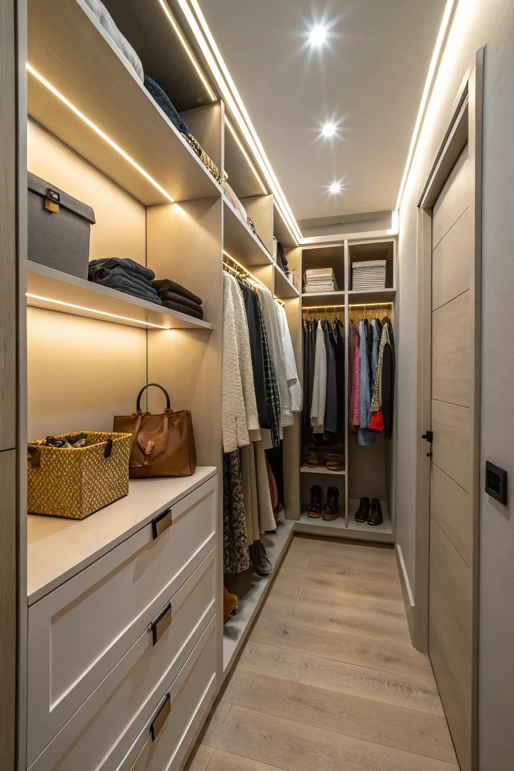 LED lighting brightens and highlights closet features.