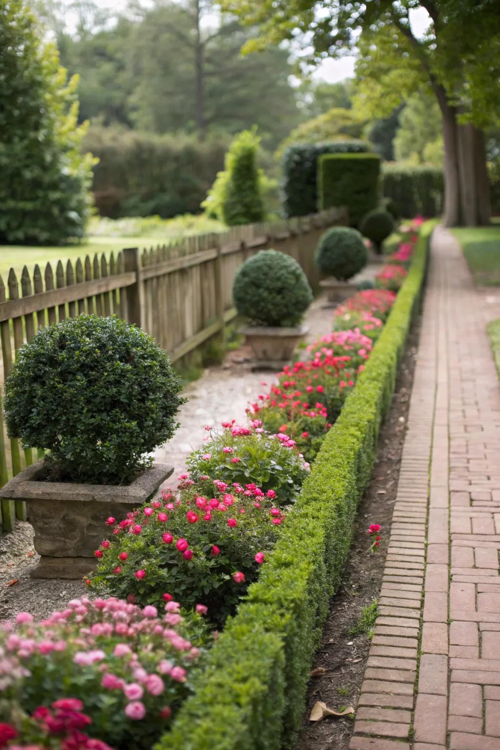 Small shrubs provide structure and balance in narrow flower beds.