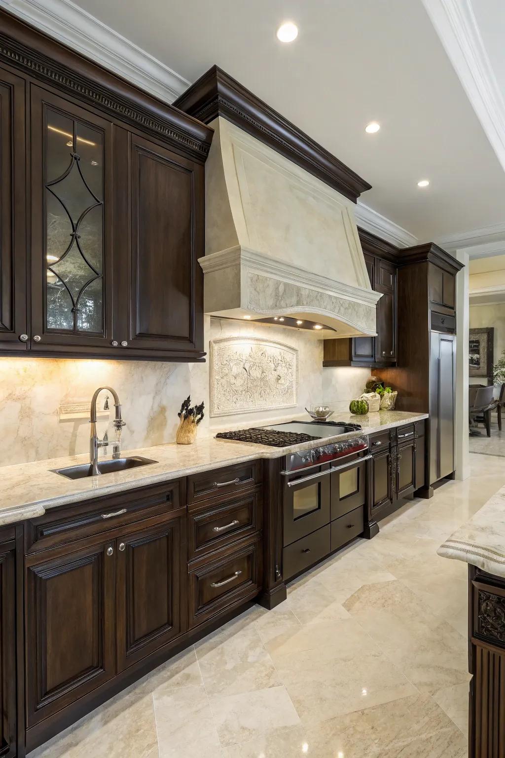 Luxurious kitchen with a luminous onyx backsplash.