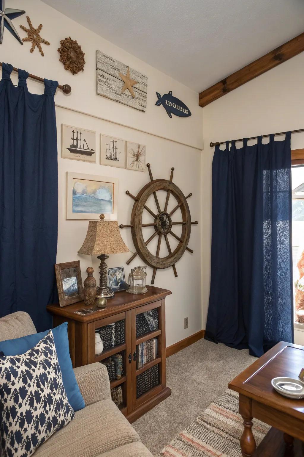 A ship wheel serves as a striking centerpiece in a nautical-themed living room.