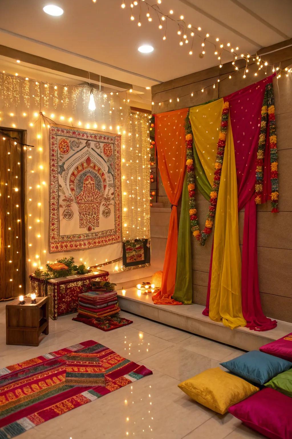 A Pooja room featuring a vibrant fabric and fairy lights background for Navratri.