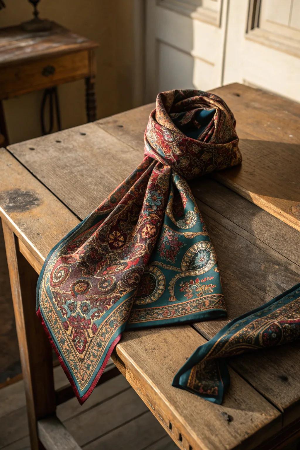 Elevate your style with a bespoke silk scarf crafted from a single tie, merging elegance with artisanal craftsmanship.