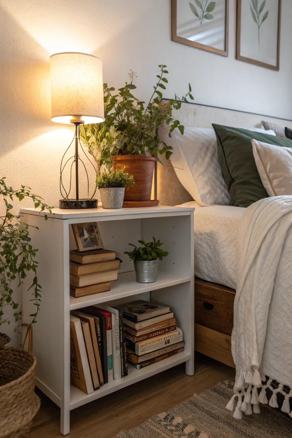 A nightstand with open shelving styled with books and plants in the bedroom.