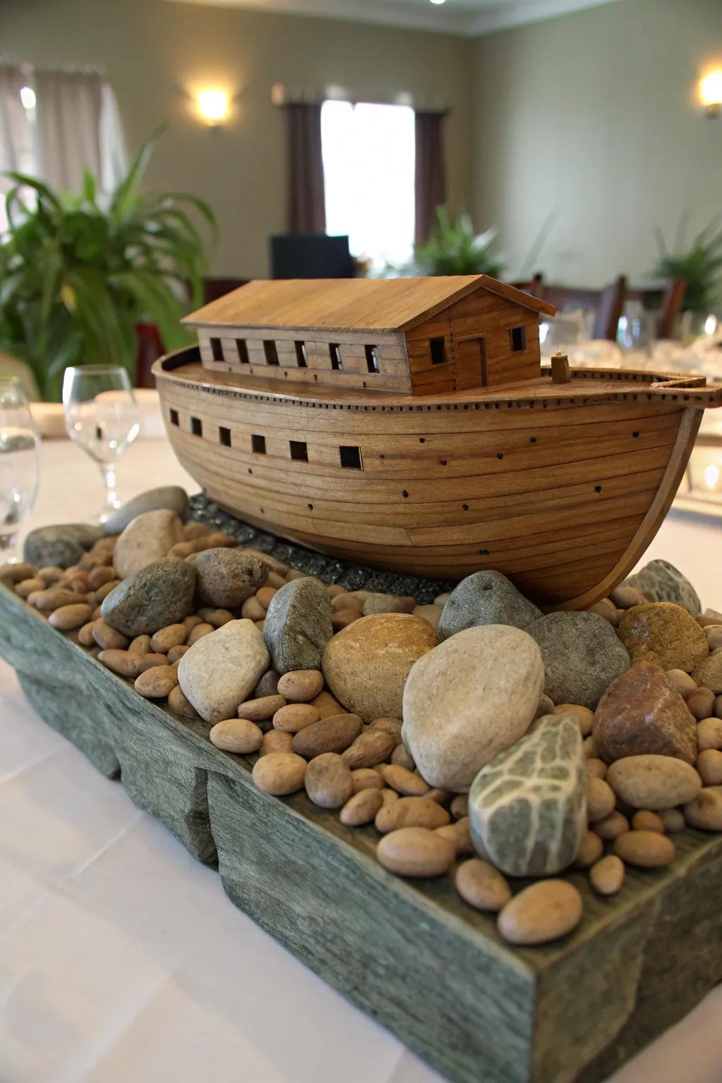 Natural stones provide a grounded base for this centerpiece.