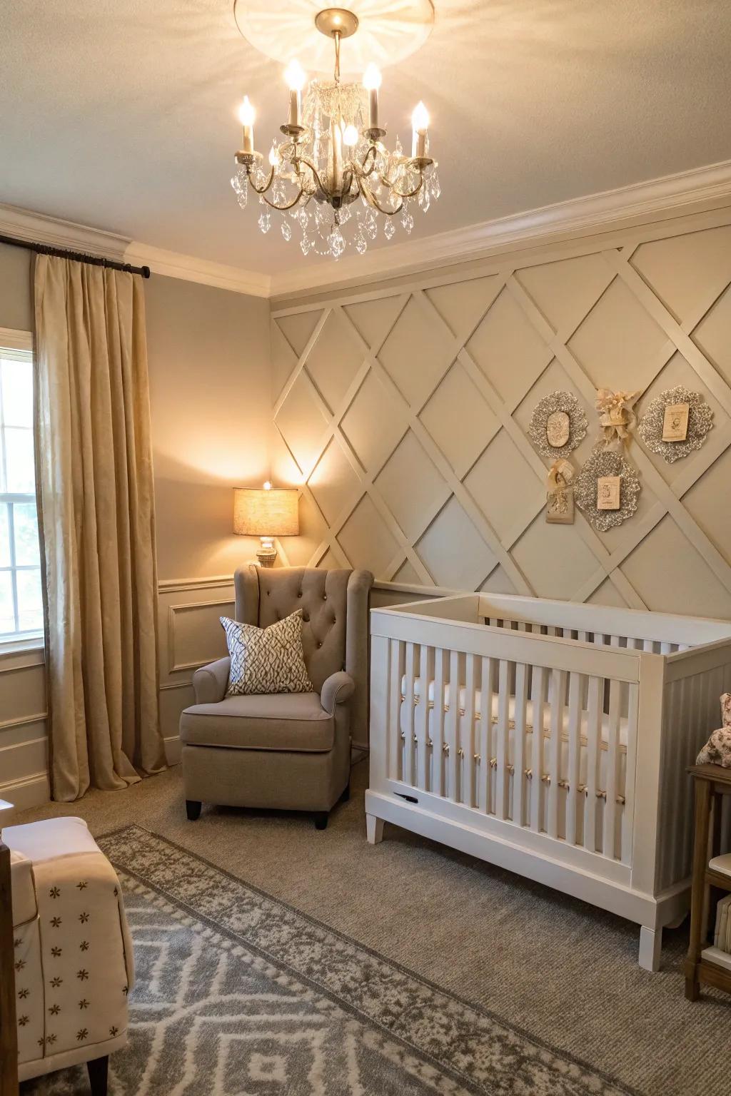 A classic nursery with a board and batten accent wall adding architectural interest.