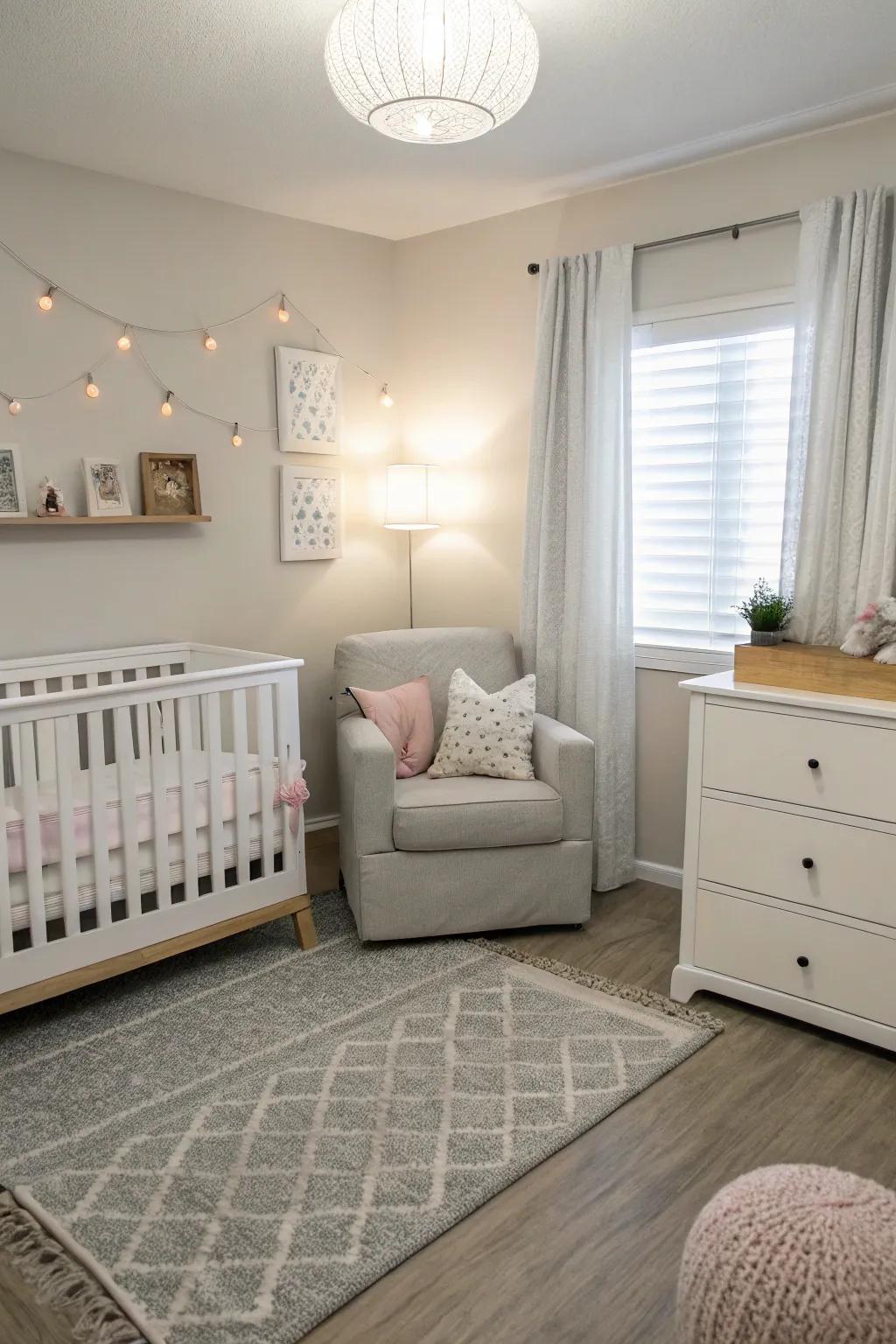 A neutral palette offers timeless elegance in this nursery corner.