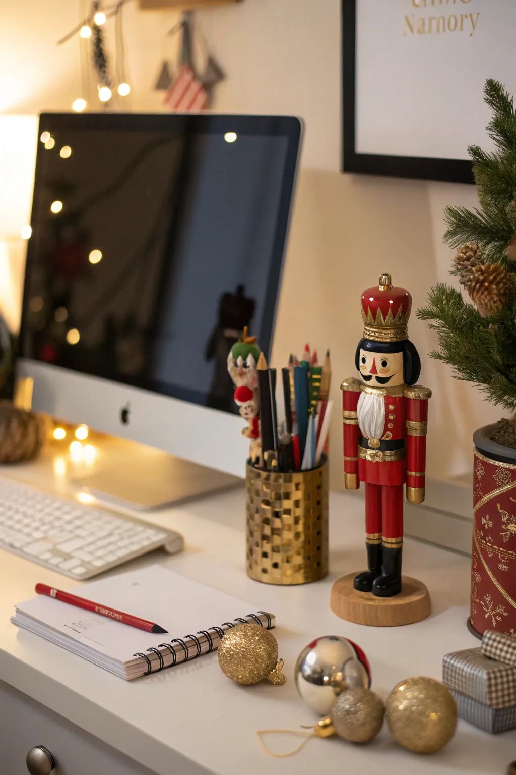 Nutcrackers brighten up the home office with holiday spirit.