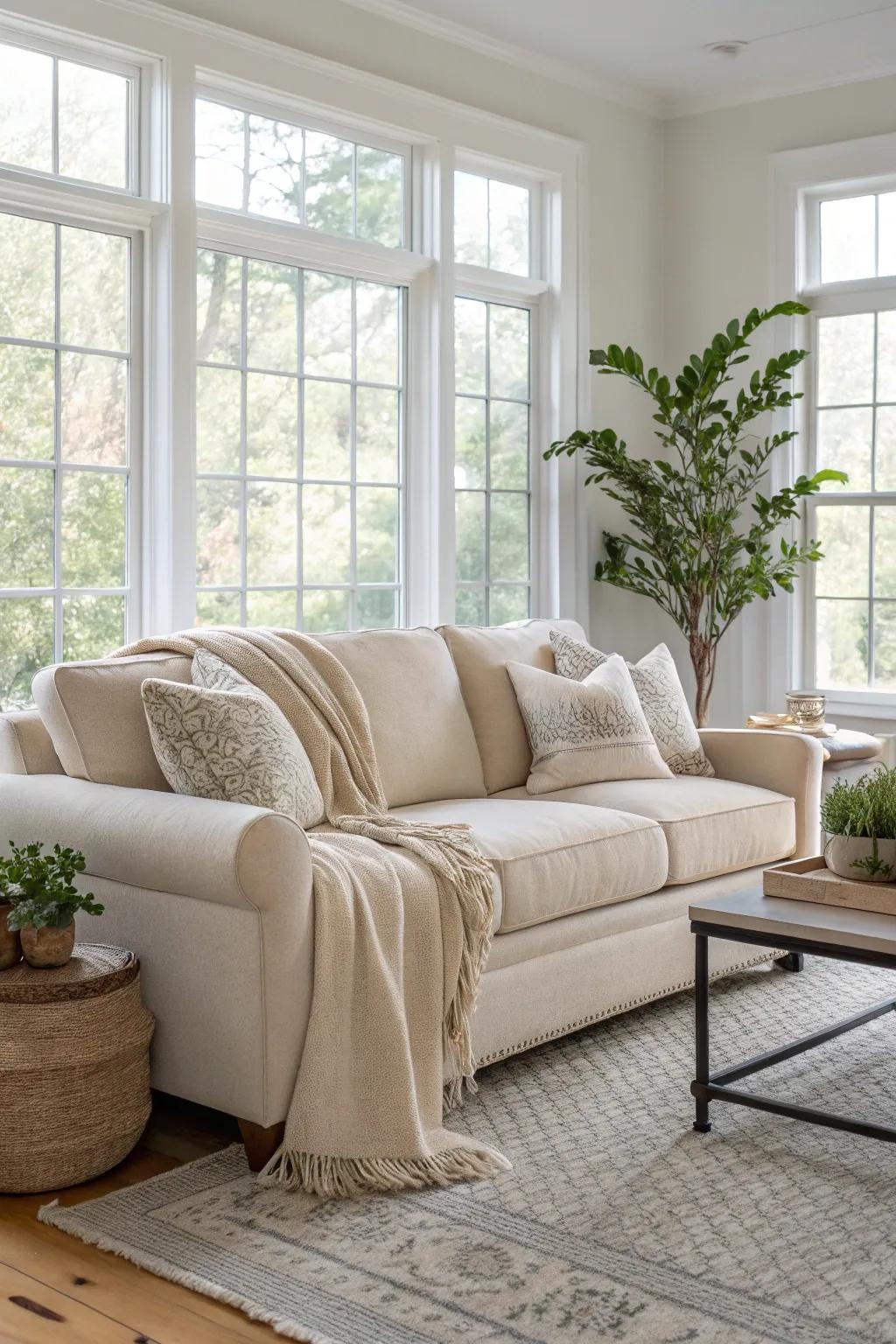 Neutral layers enhance the understated elegance of an oatmeal sofa.