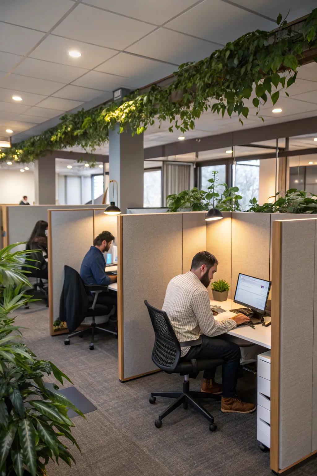 Two-person cubicles balancing teamwork and individual focus.