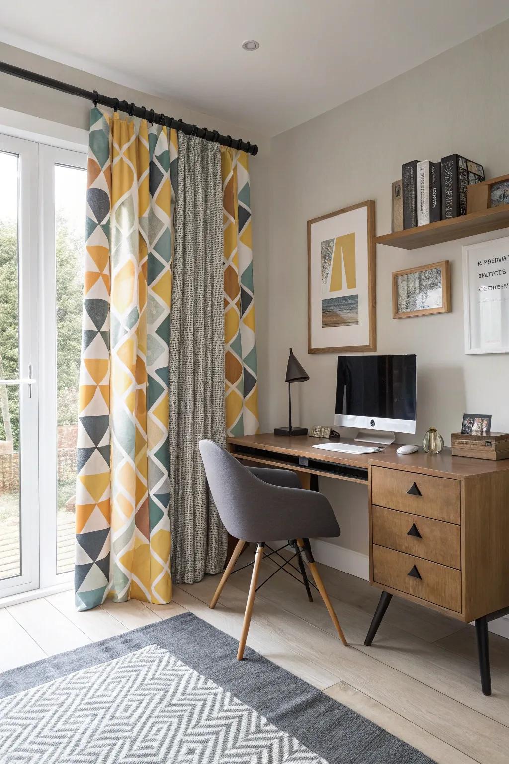 Geometric print curtains add a modern flair to the office.