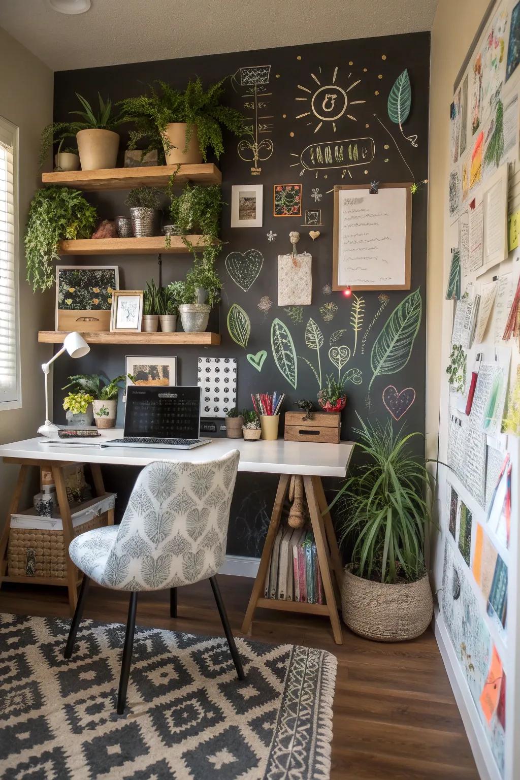 A chalkboard wall adds functionality and creativity to a home office.