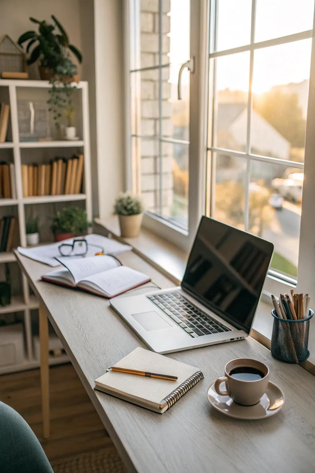 Natural light brightens the office, enhancing mood and productivity.