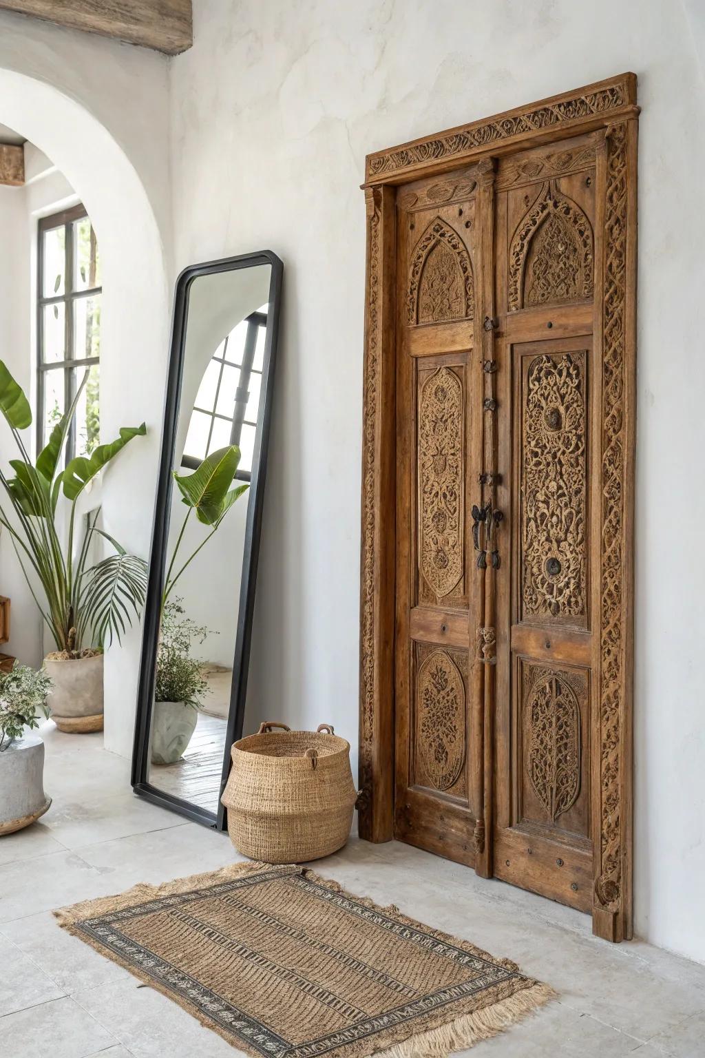 Transforming vintage elegance: A full-length mirror adds modern flair to a rustic door, merging Scandinavian minimalism with boho chic.