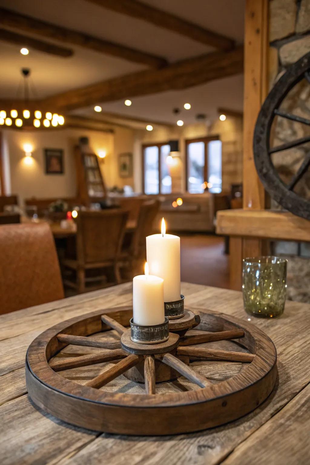 A wagon wheel candle holder creates a warm ambiance.