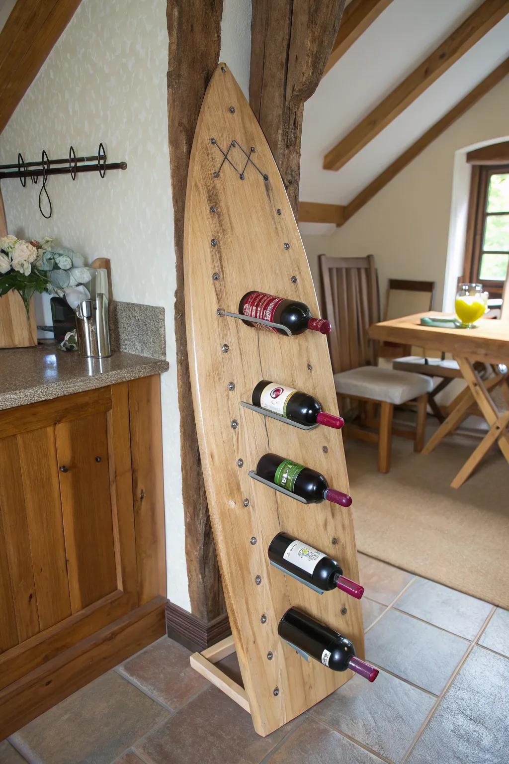 Store your wine collection creatively on a repurposed ironing board.