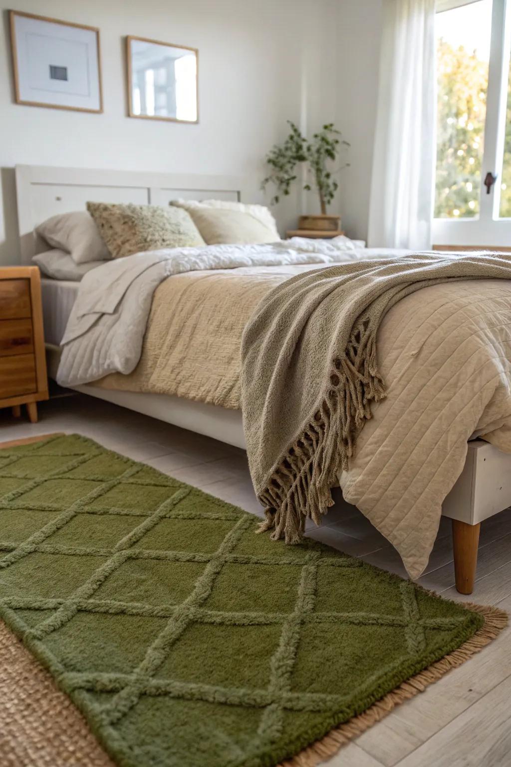 An olive green rug grounds the bedroom with warmth and style.