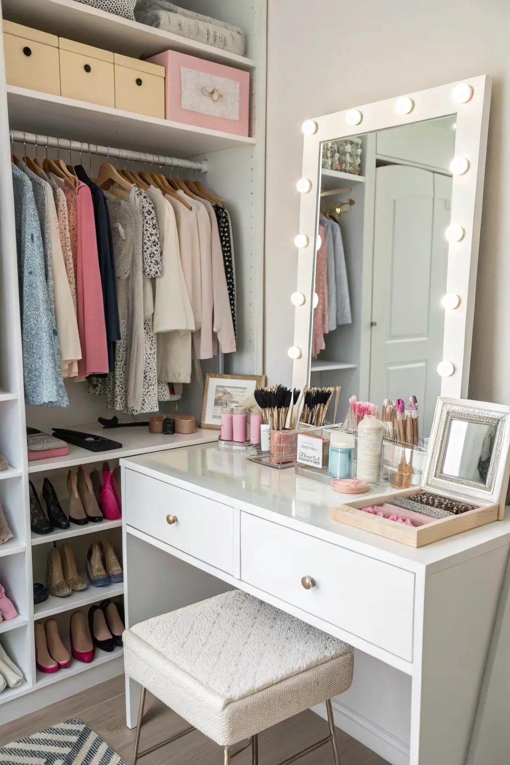 A dressing table integrated into an open closet for convenience.