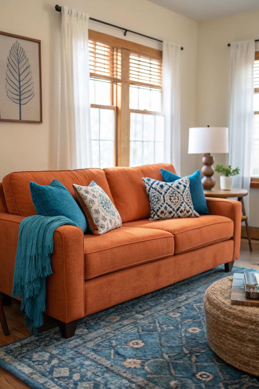 A refreshing living room where cool blues contrast beautifully with an orange couch.