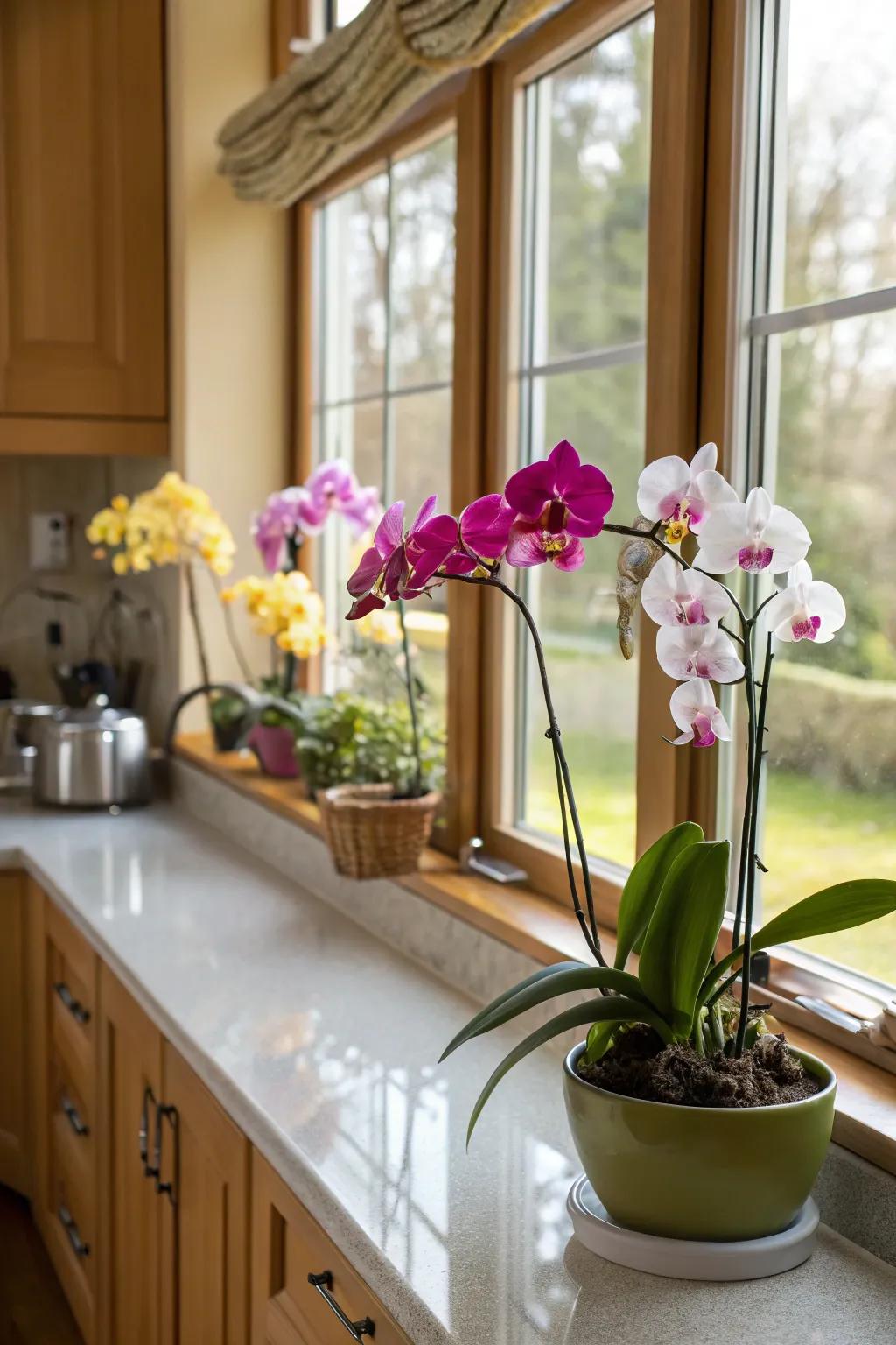 A kitchen window sill transformed into a thriving orchid garden.