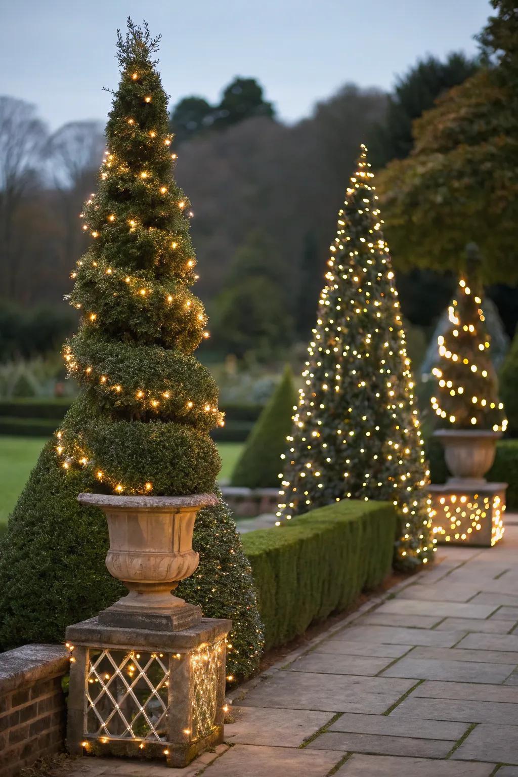 Lighted topiary displays offer structured elegance, standing as focal points in the garden.