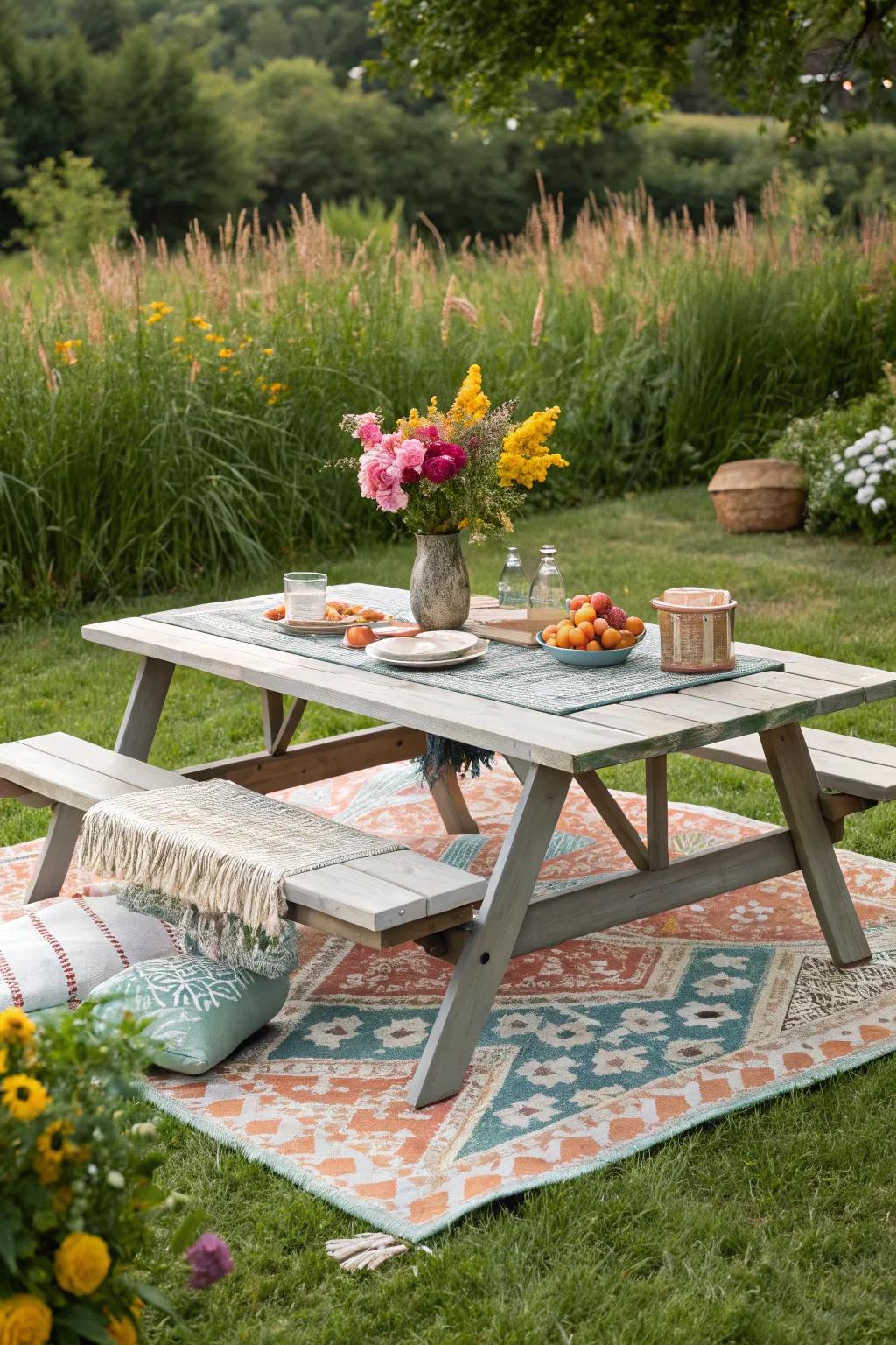 Outdoor rugs bring comfort and style to your picnic area.