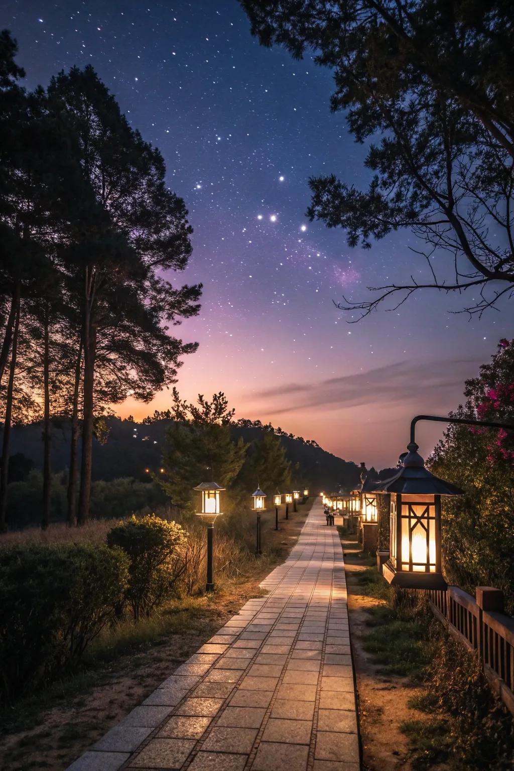 Lanterns illuminate the path, welcoming guests with a warm glow.