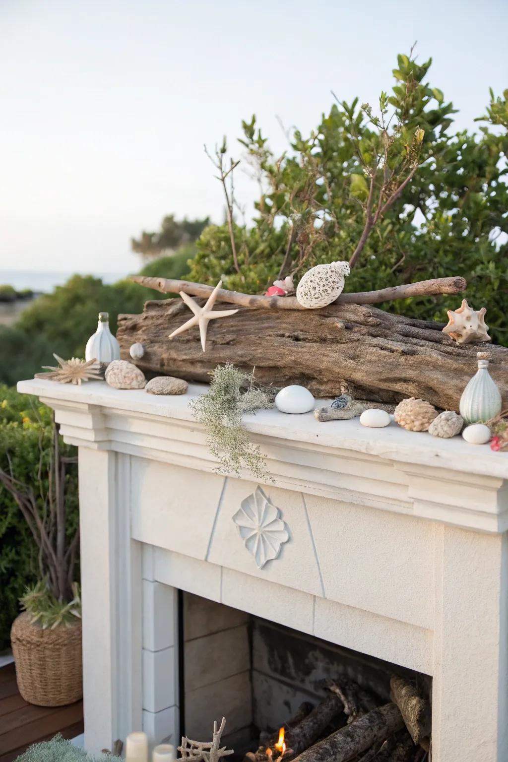 A coastal-themed mantel with driftwood and shells.