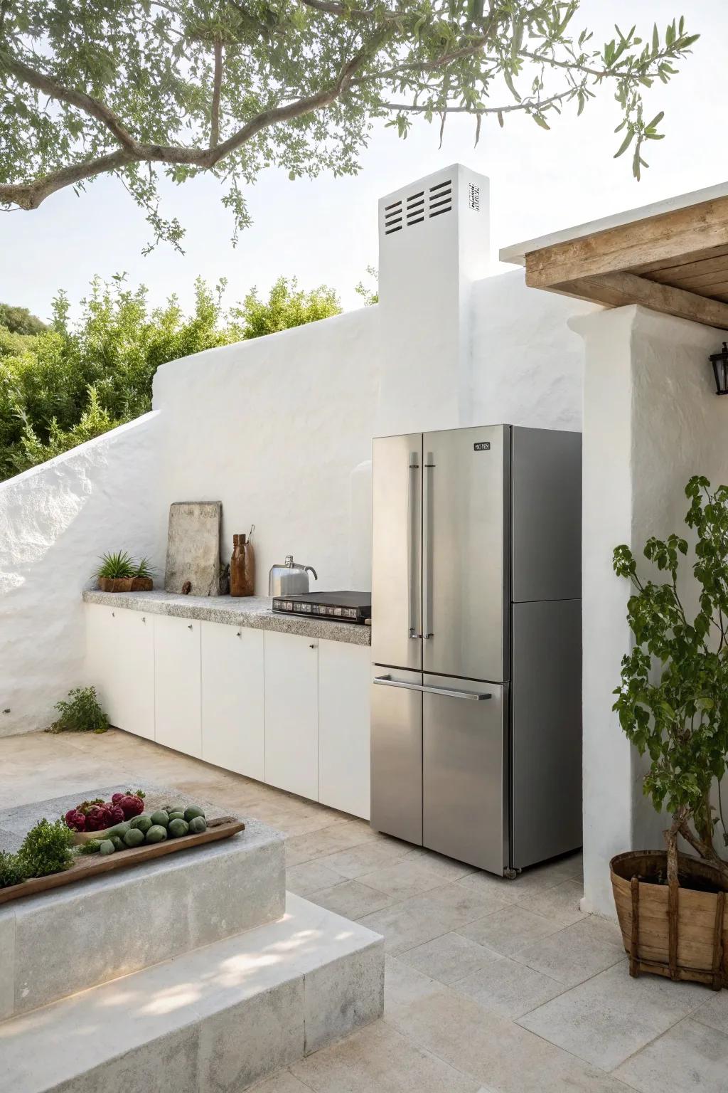 Modern minimalist design is highlighted by a sleek stainless steel fridge.