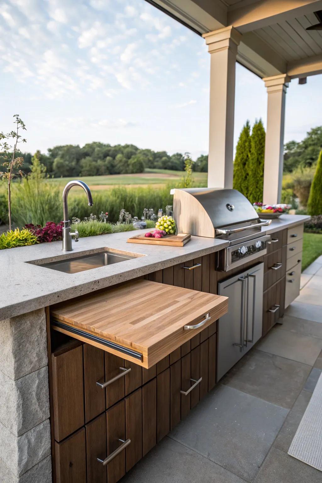 A pull-out cutting board adds convenience and saves space.