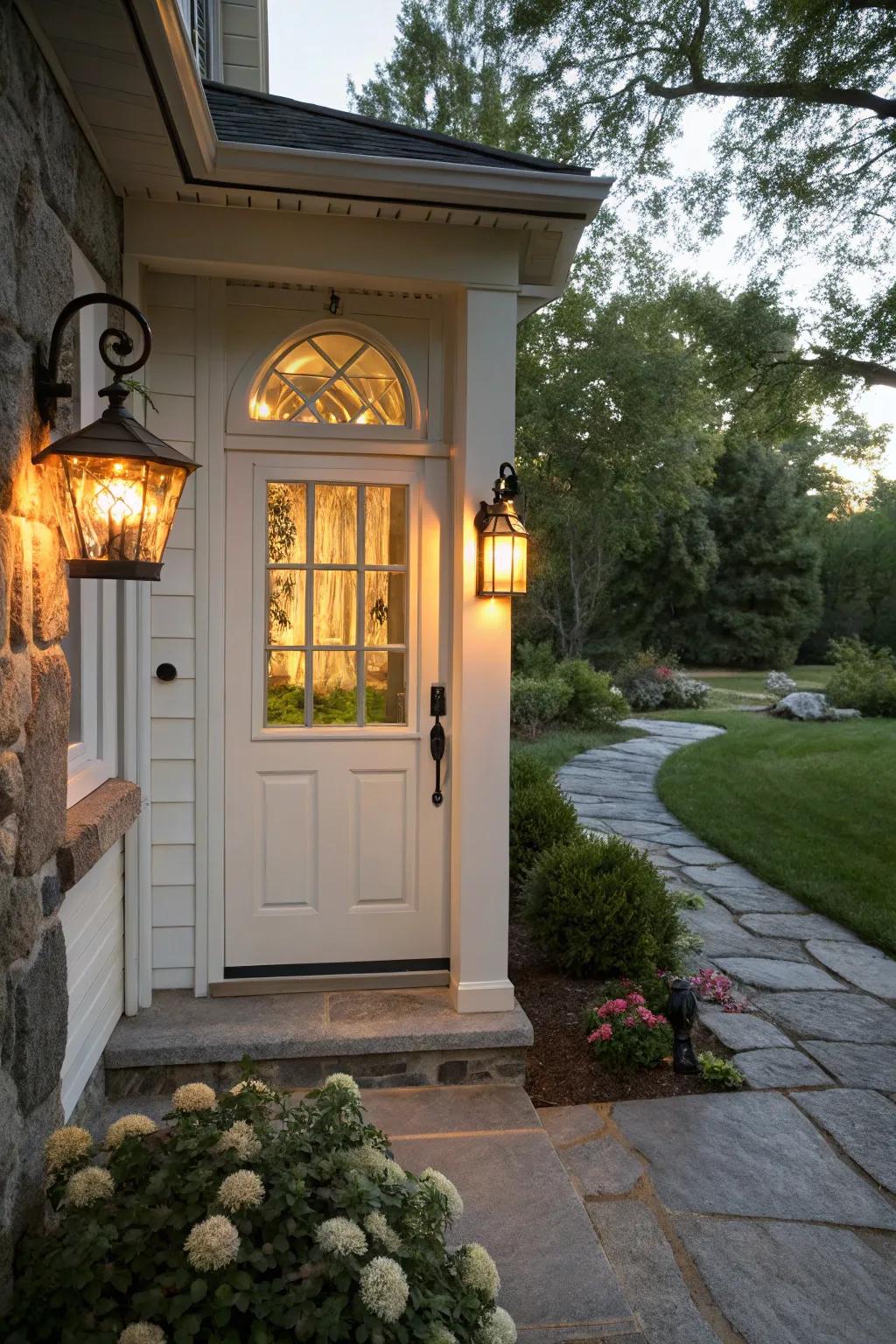 Porch sconces create a welcoming entrance.