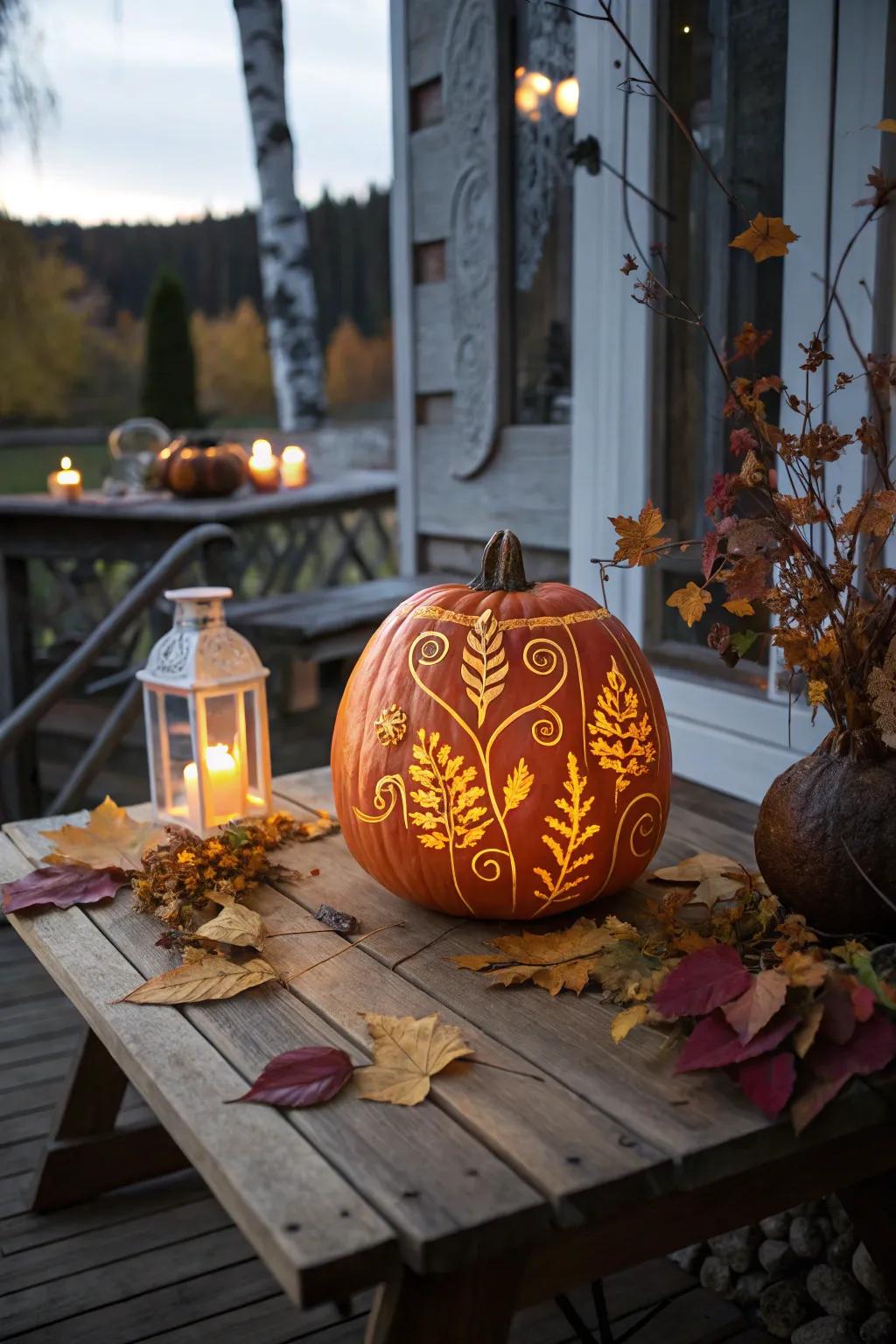 Illuminate your autumn nights with the elegance of an etched pumpkin lantern.