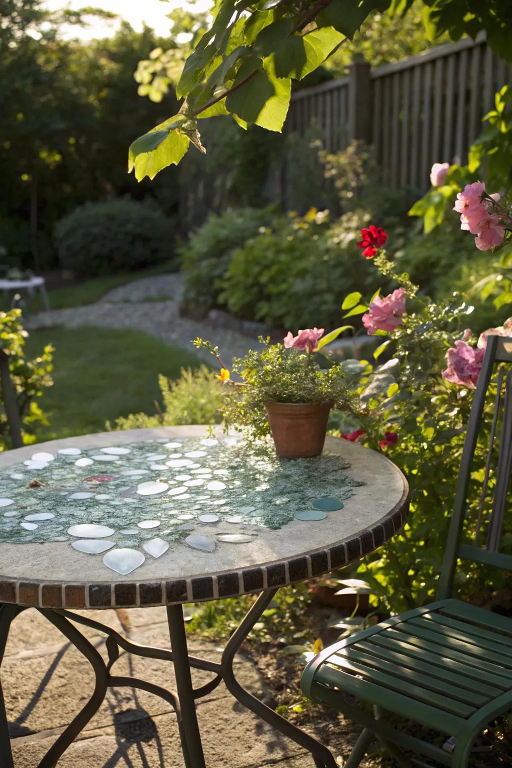 A nautical seaglass tabletop that enchants with its light-reflecting beauty.