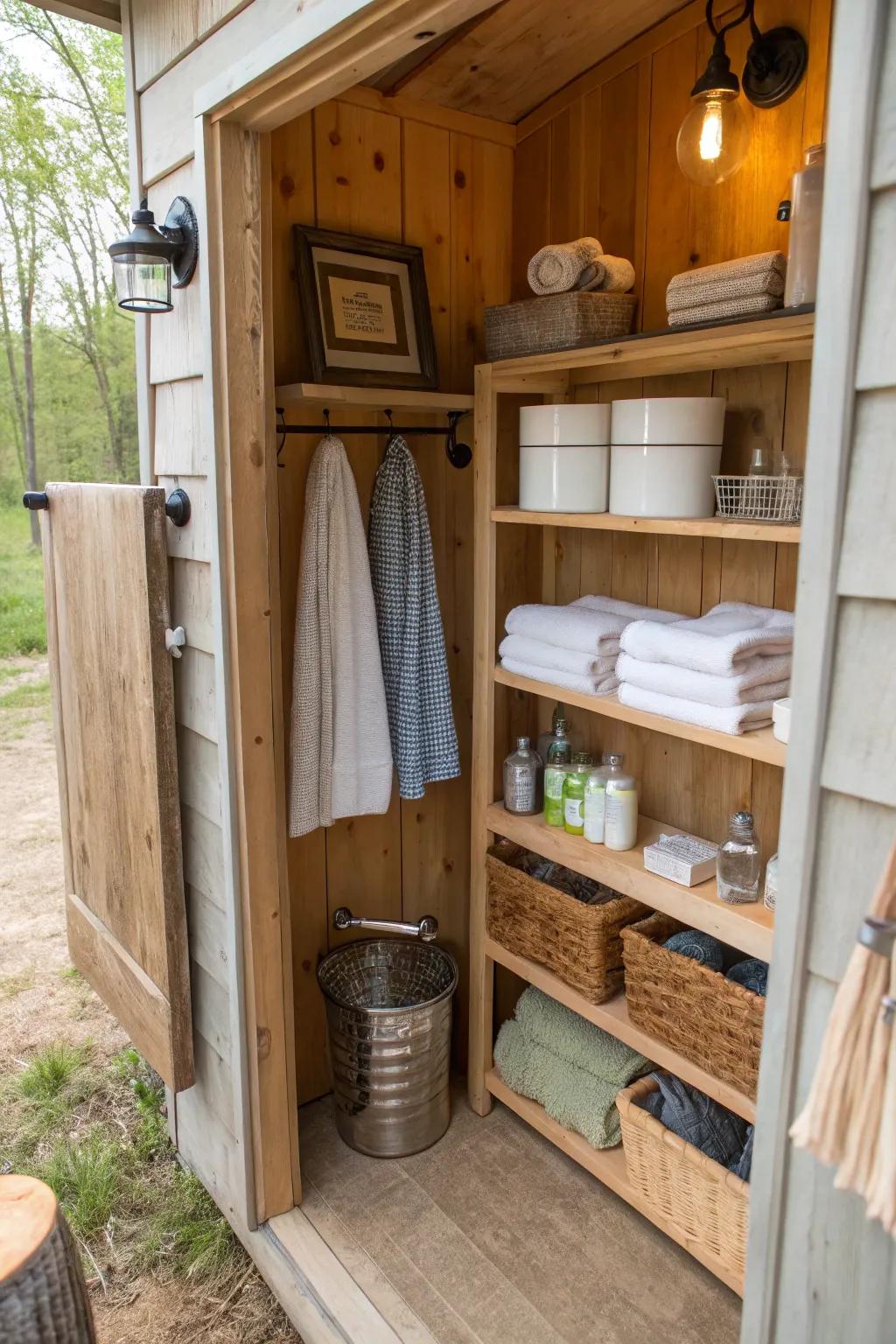 Functional storage keeps this outhouse bathroom tidy and efficient.