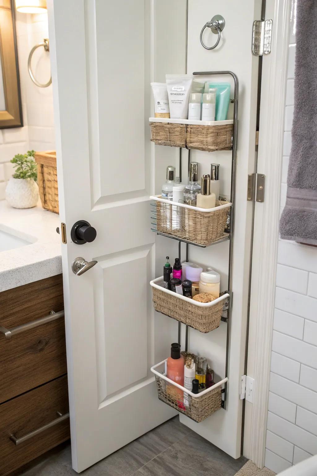 Keep vanity essentials organized with door baskets.