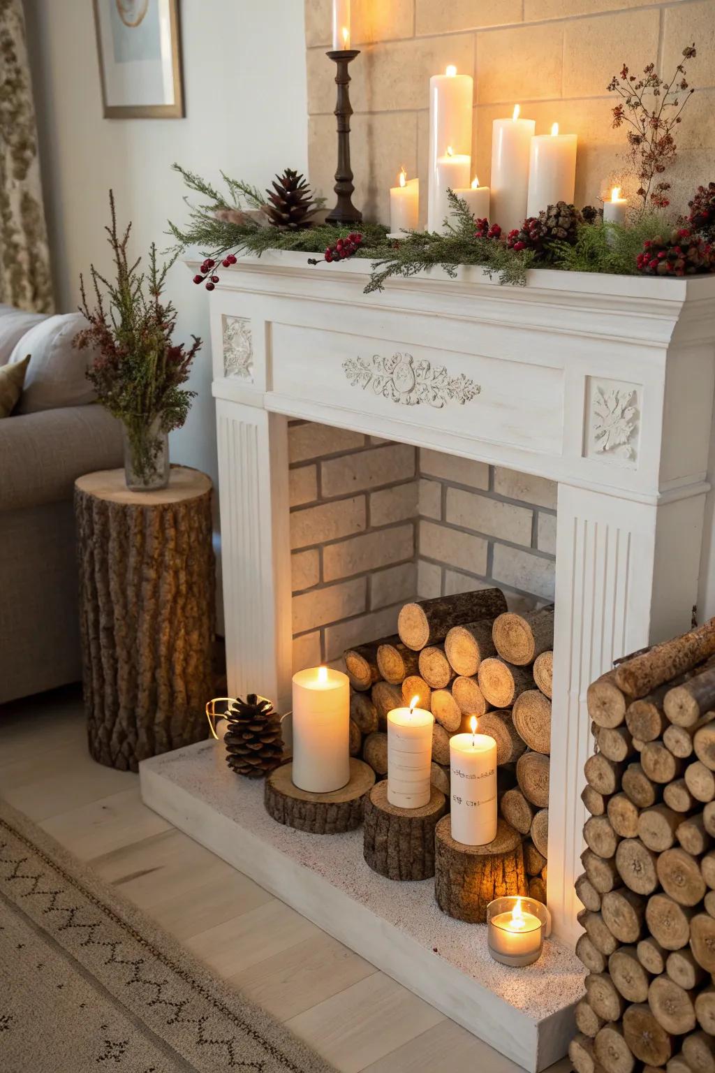 A faux fireplace filled with candles offers warmth and charm without an actual fire.