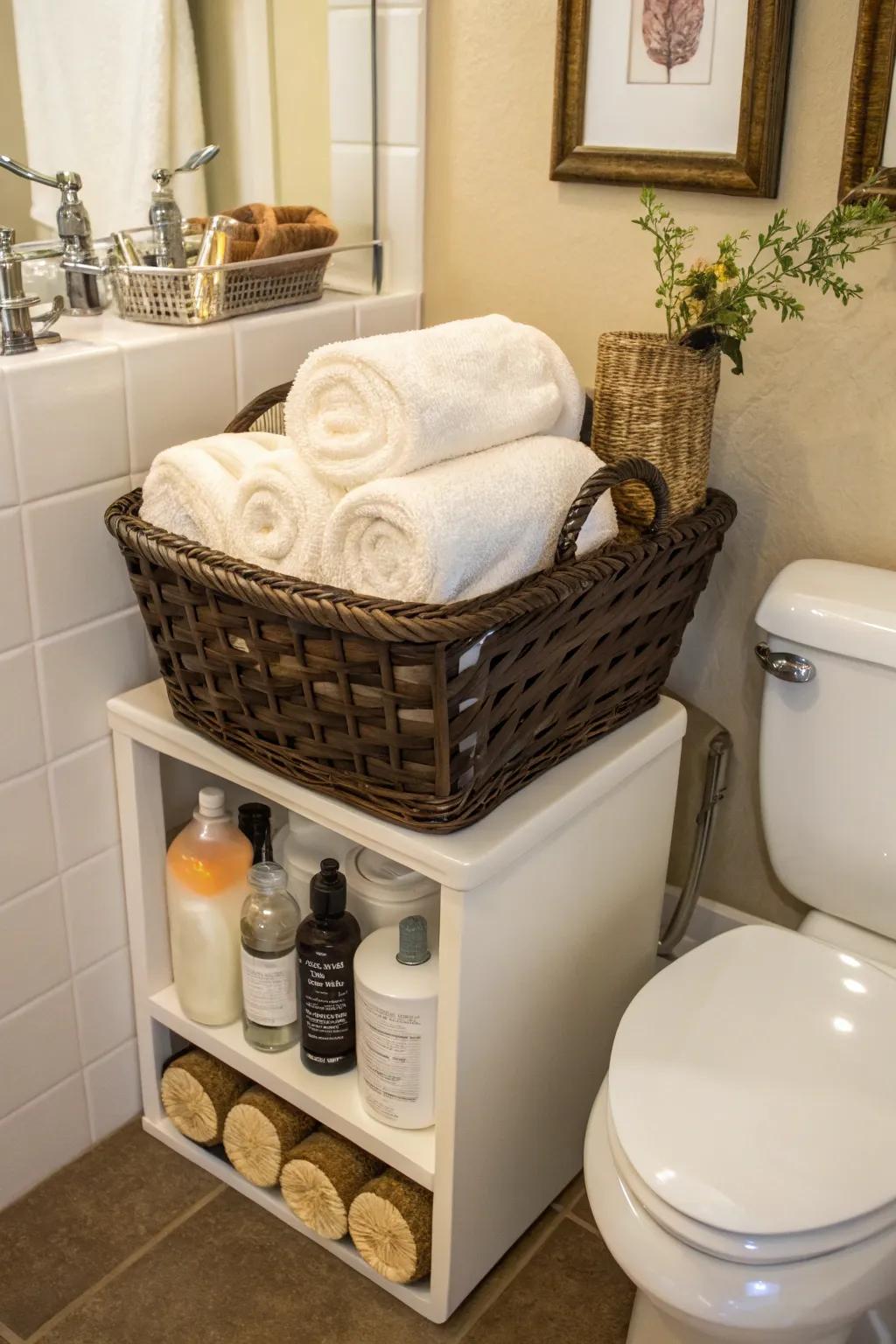 A storage basket combines practicality with decorative appeal.