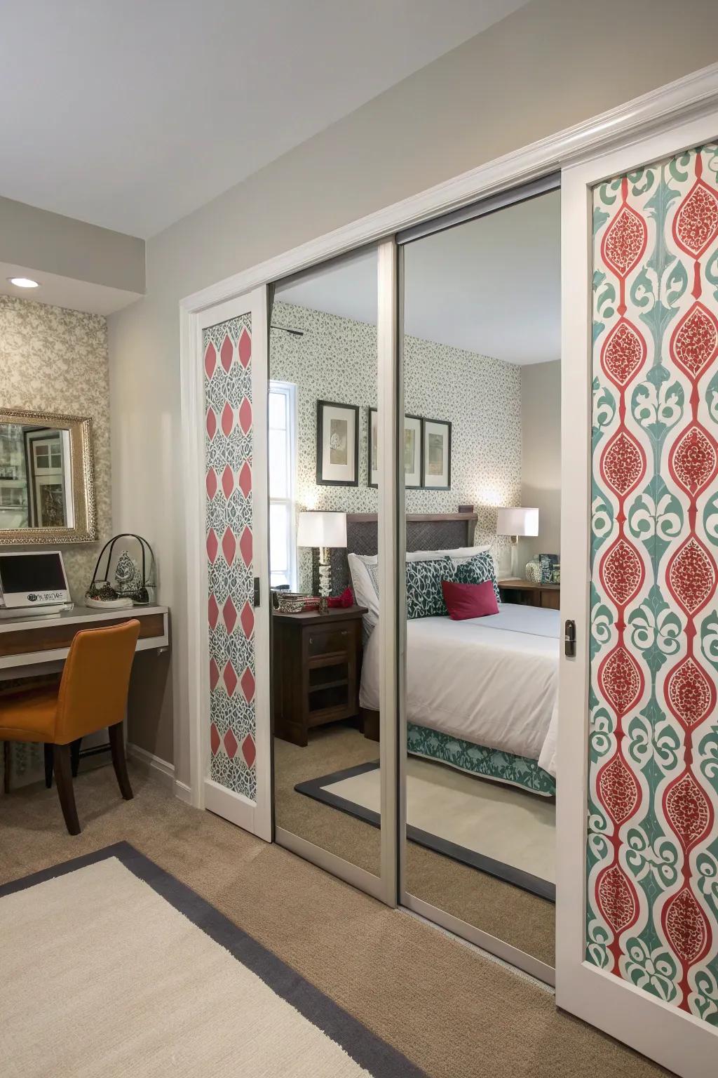 Patterned contact paper offers a quick and stylish update for mirrored doors.