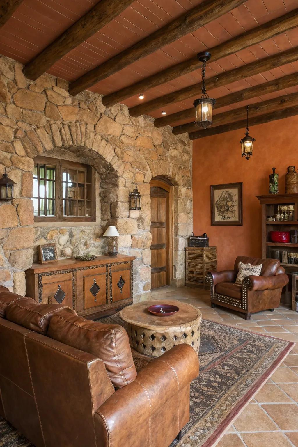 Terracotta walls bring a warm and rustic vibe to this nature-themed space.