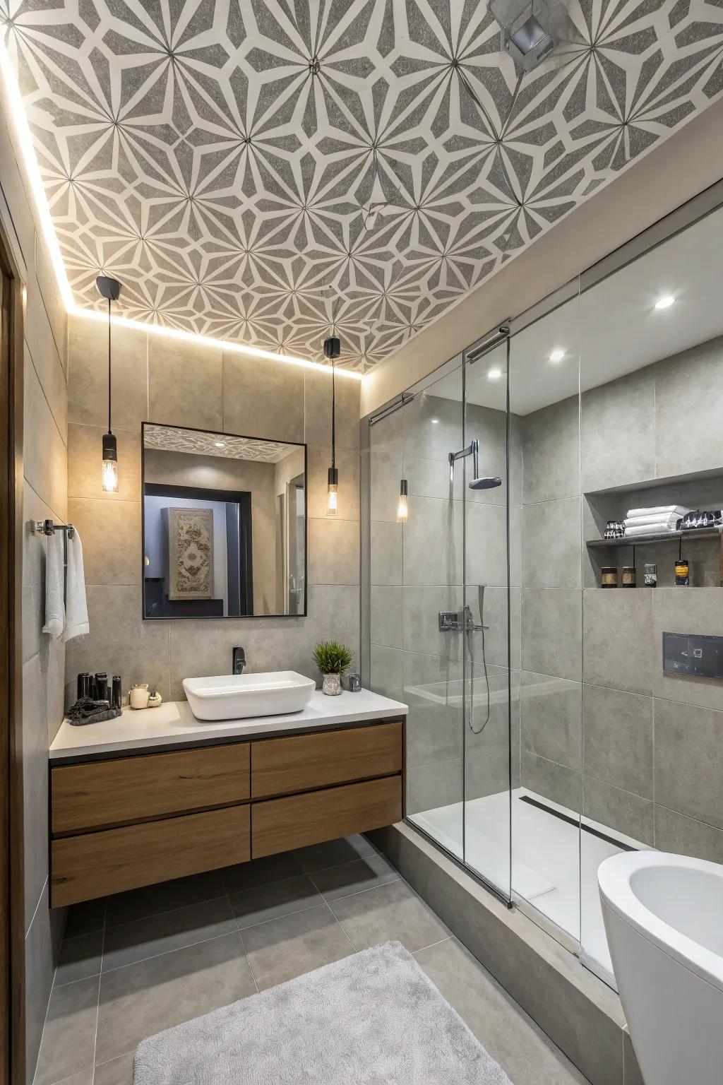 Geometric patterns can bring a modern edge to your bathroom ceiling.