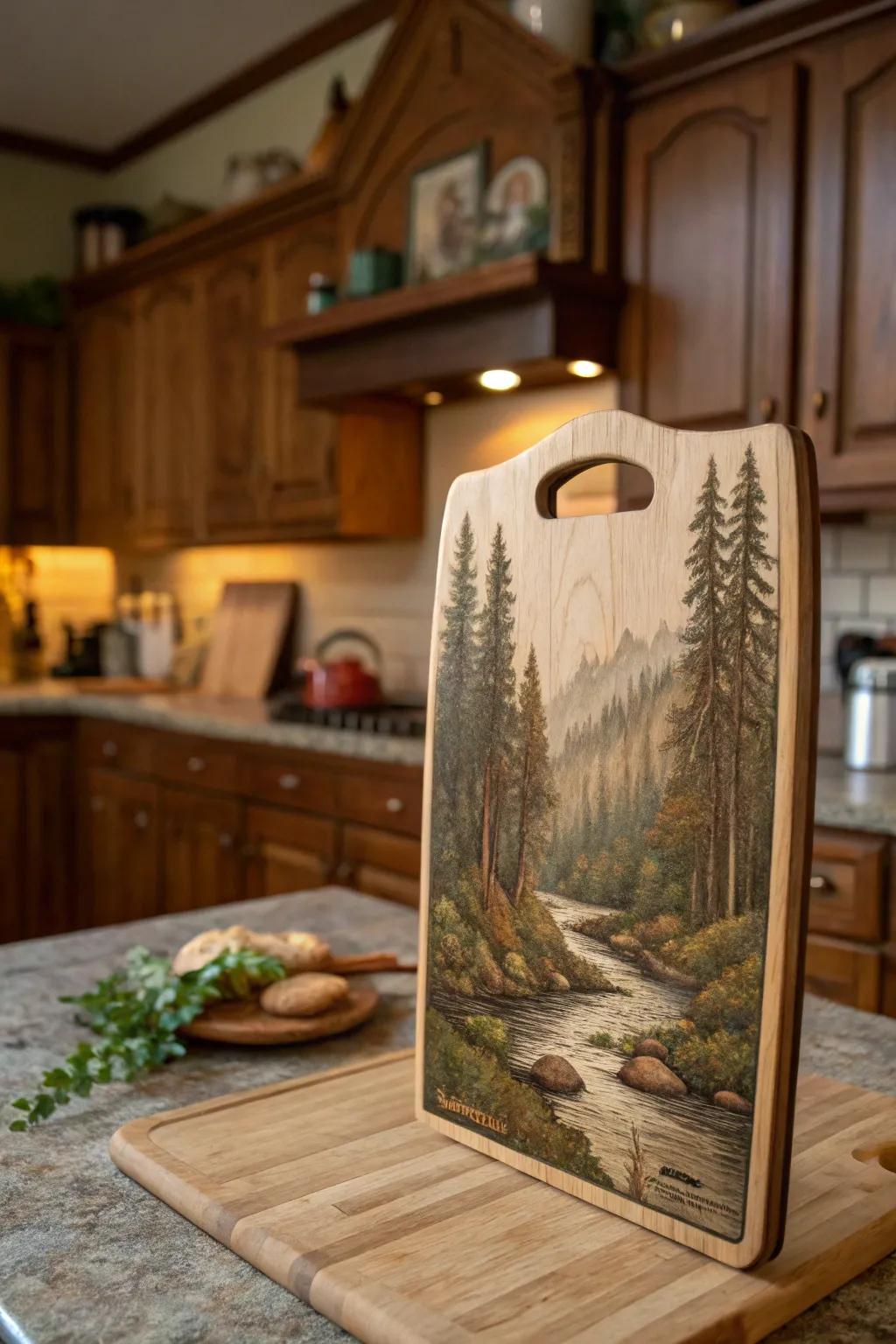 A cutting board depicting a peaceful nature scene, perfect for nature lovers.