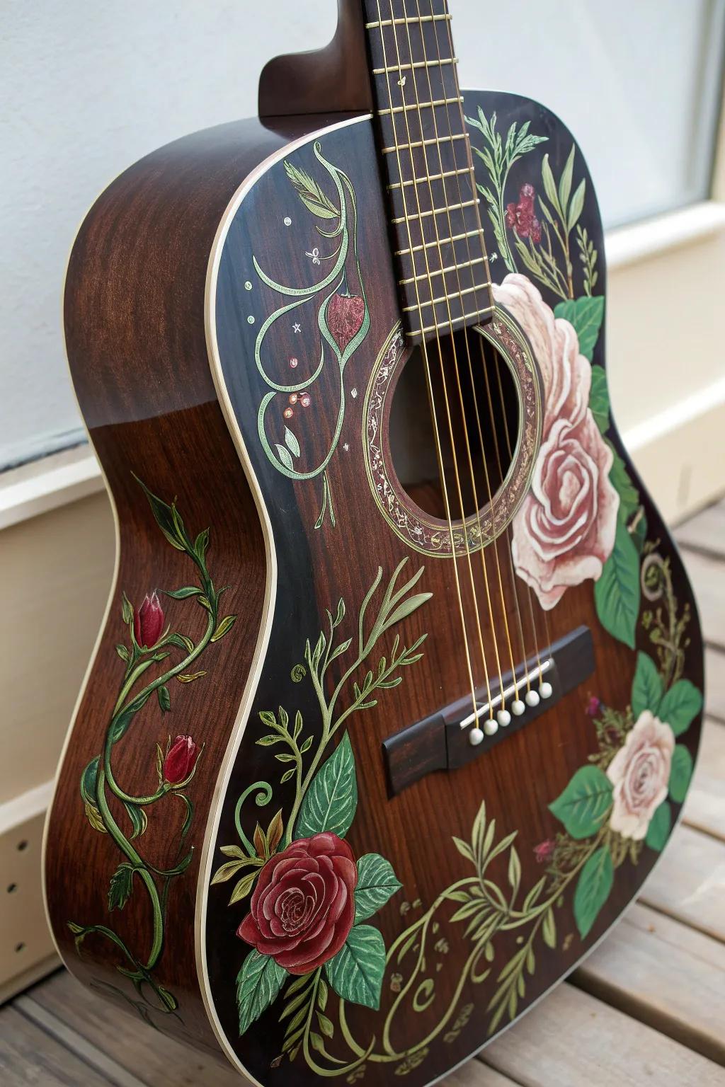 Elevate your music with nature's touch: A guitar adorned with exquisite floral artistry.