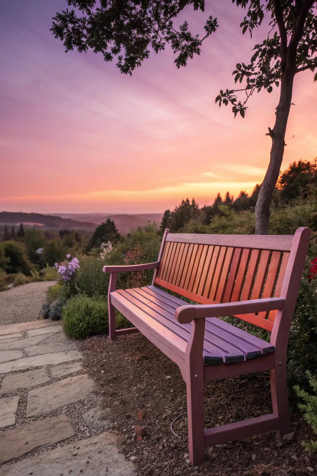 Transform your outdoor space with a sunset-inspired ombre bench that blends coral and lavender for a stunning artistic touch.