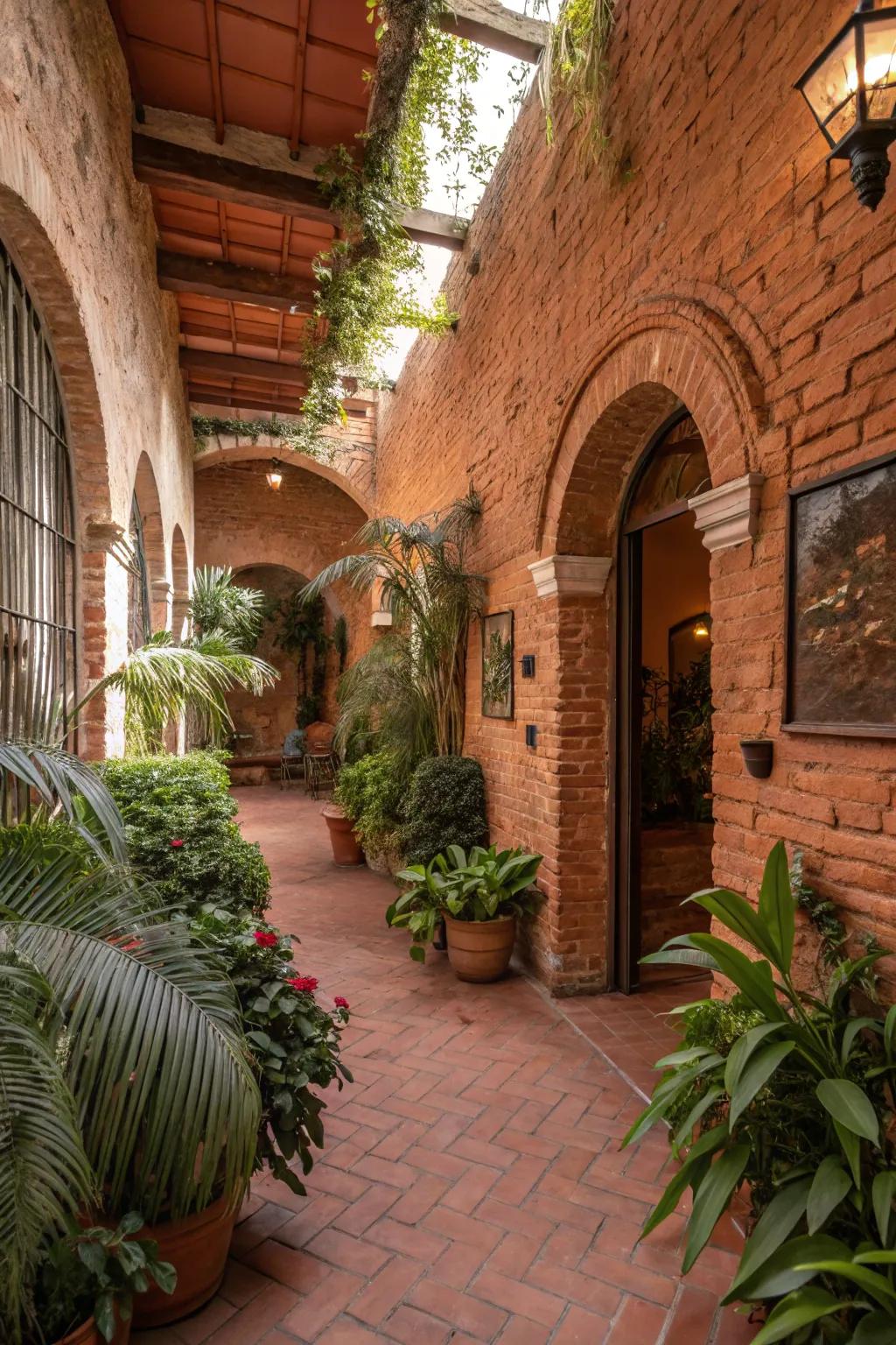 Terracotta painted brick walls adding warmth and charm to the interior.