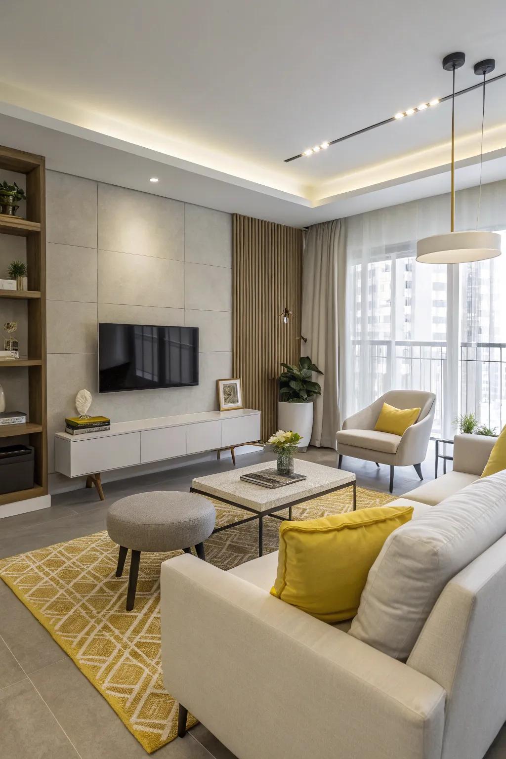 Minimalist yellow accents bring a touch of modern elegance to the living room.