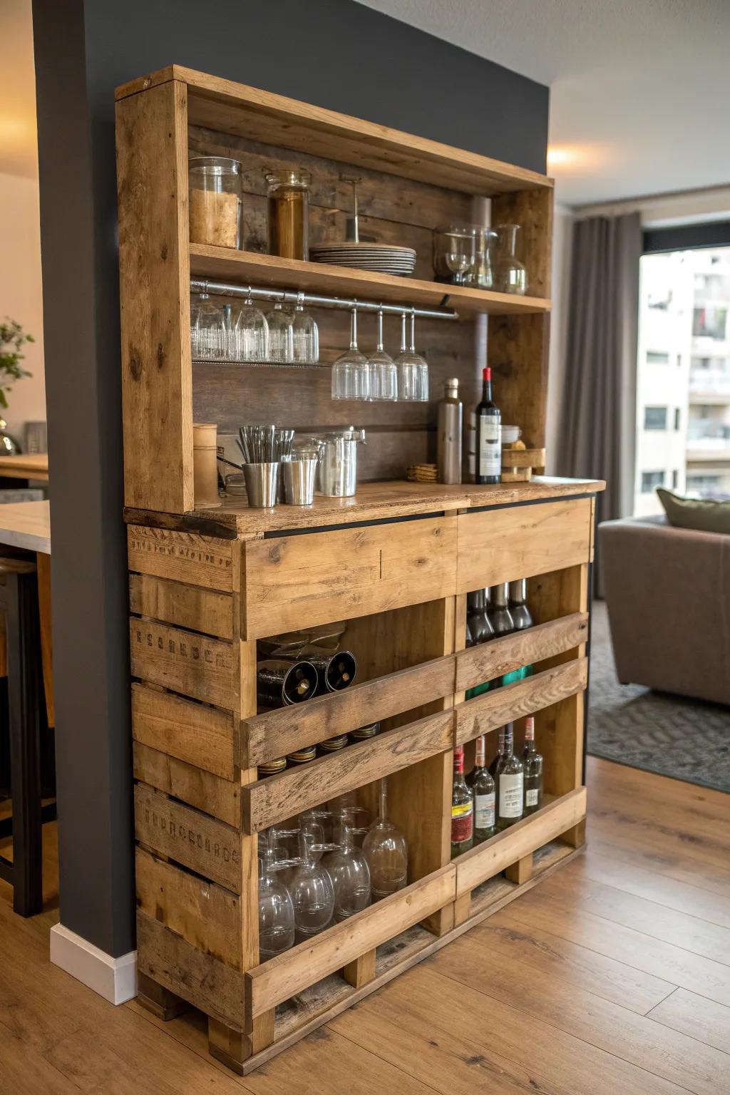 Elevate your studio living with a stylish and space-saving pallet bar shelf.