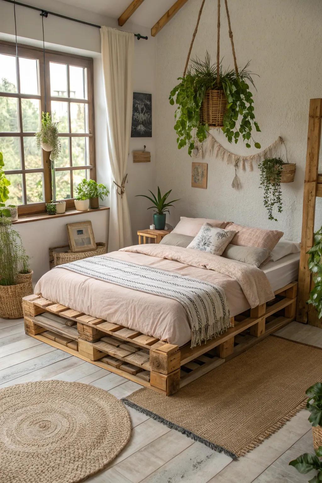 Eco-friendly elegance with a pallet bed that makes a sustainable statement.