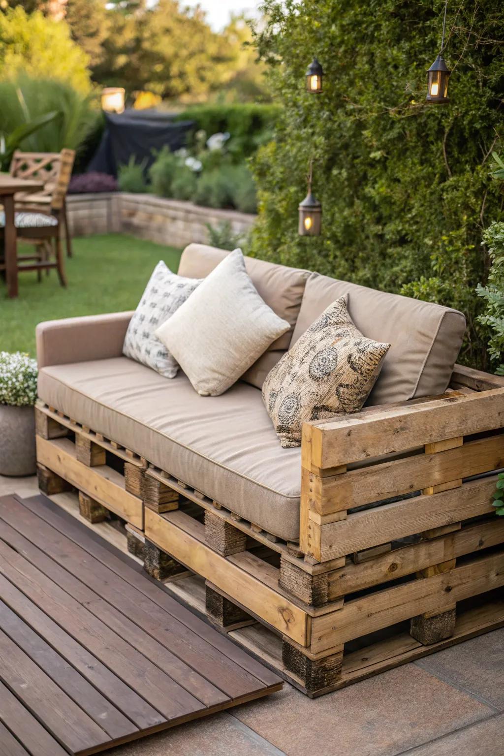 Embrace the art of craftsmanship with this elegant pallet loveseat, perfect for your garden retreat.