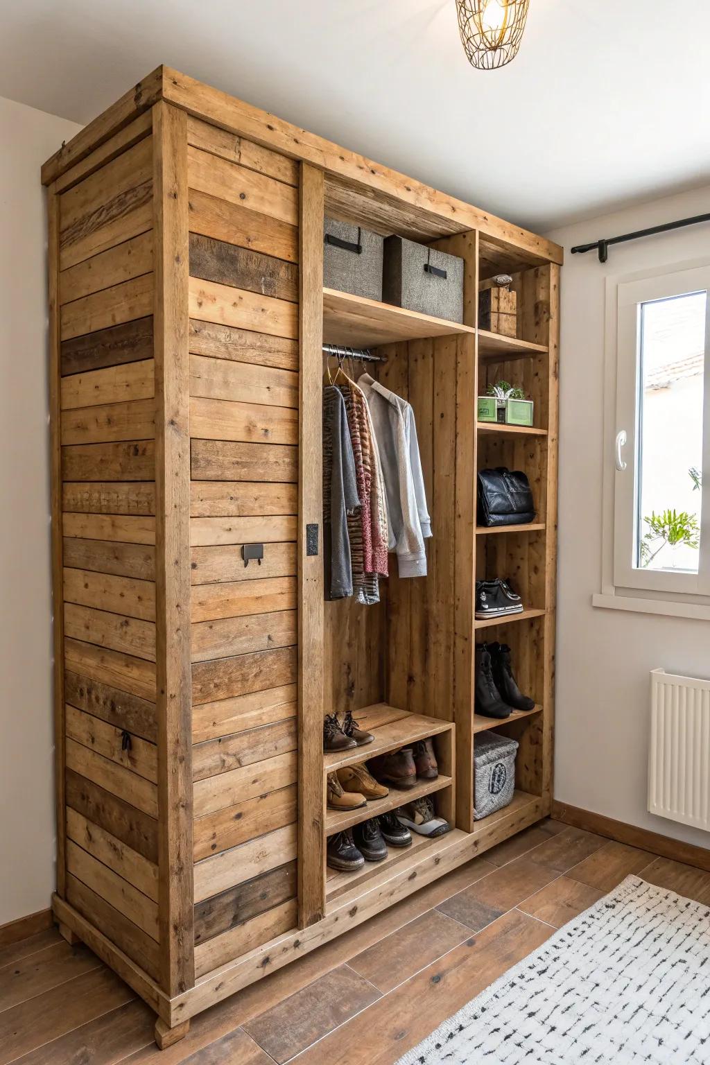 Transform your space with a rustic corner pallet closet, where craftsmanship meets functionality.