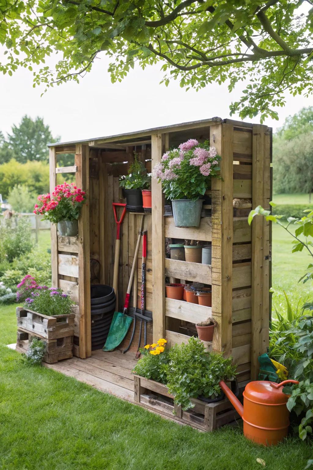 Organize your tools with a pallet garden shed.