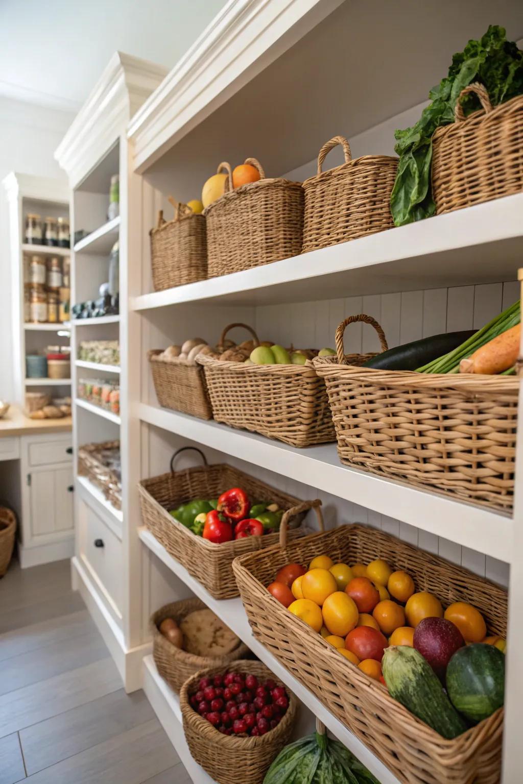 Woven baskets on deep shelves provide stylish and practical storage.